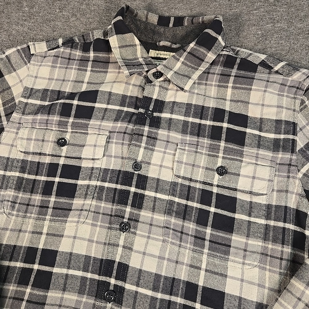 LL Bean Fleece Lined Flannel Shirt Jacket Shacket Gray Plaid 298189 Men's Size L